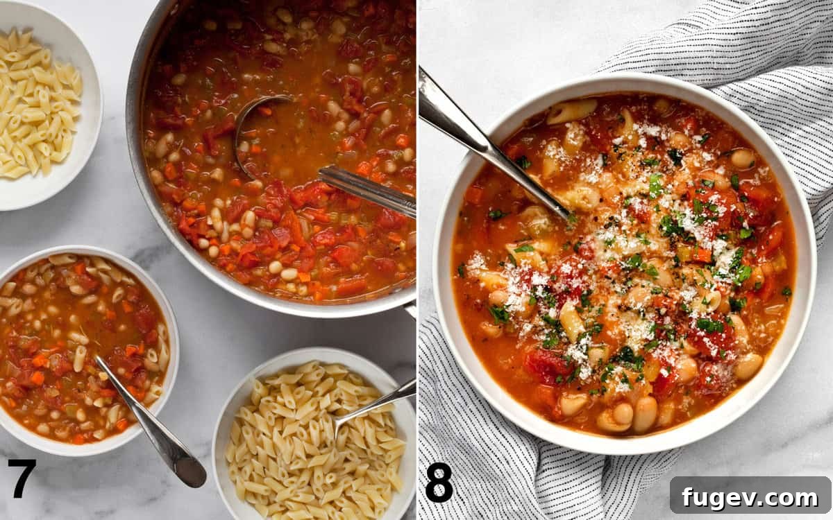 Hearty Italian Pasta Fagioli Soup 7 Close-up of a beautifully garnished bowl of Pasta e Fagioli soup, with pasta at the bottom, topped with rich soup, grated Parmesan, and fresh parsley, ready to be enjoyed.