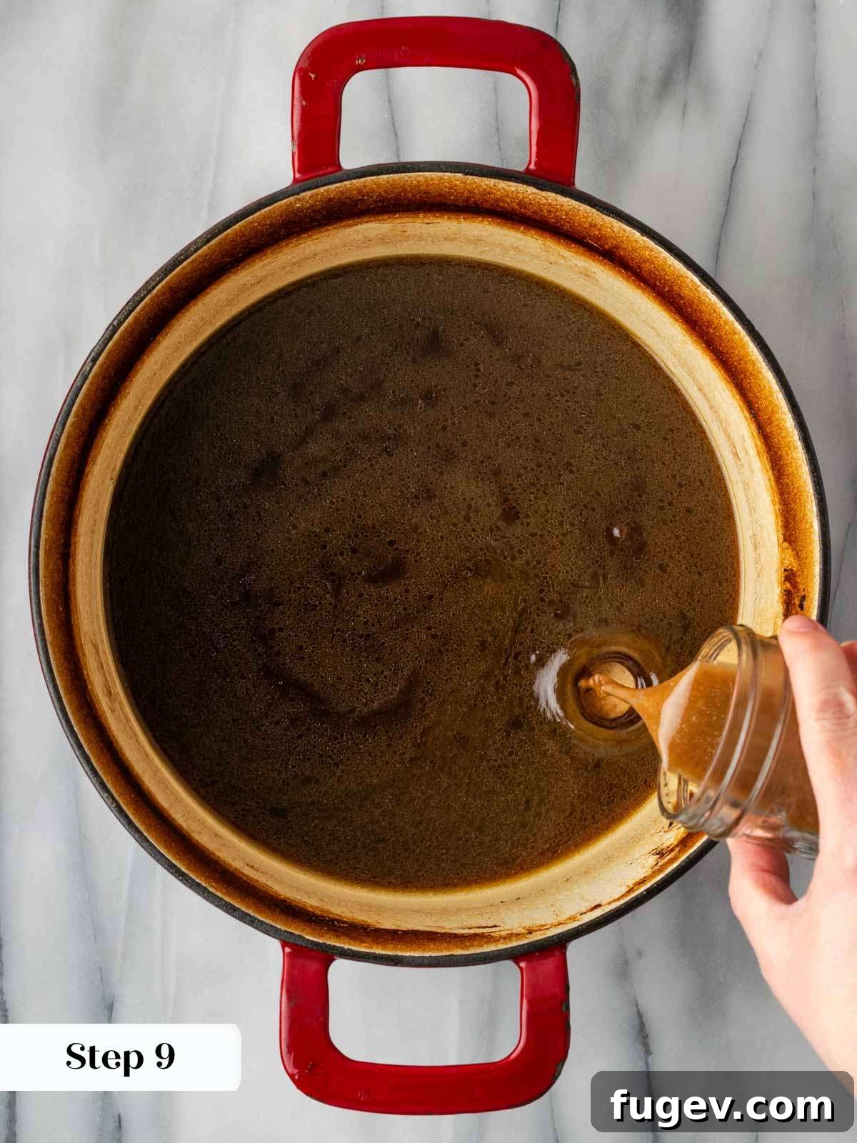 Thickening Gravy with Cornstarch Thickening the rich braising liquid with a cornstarch slurry to create a velvety gravy.