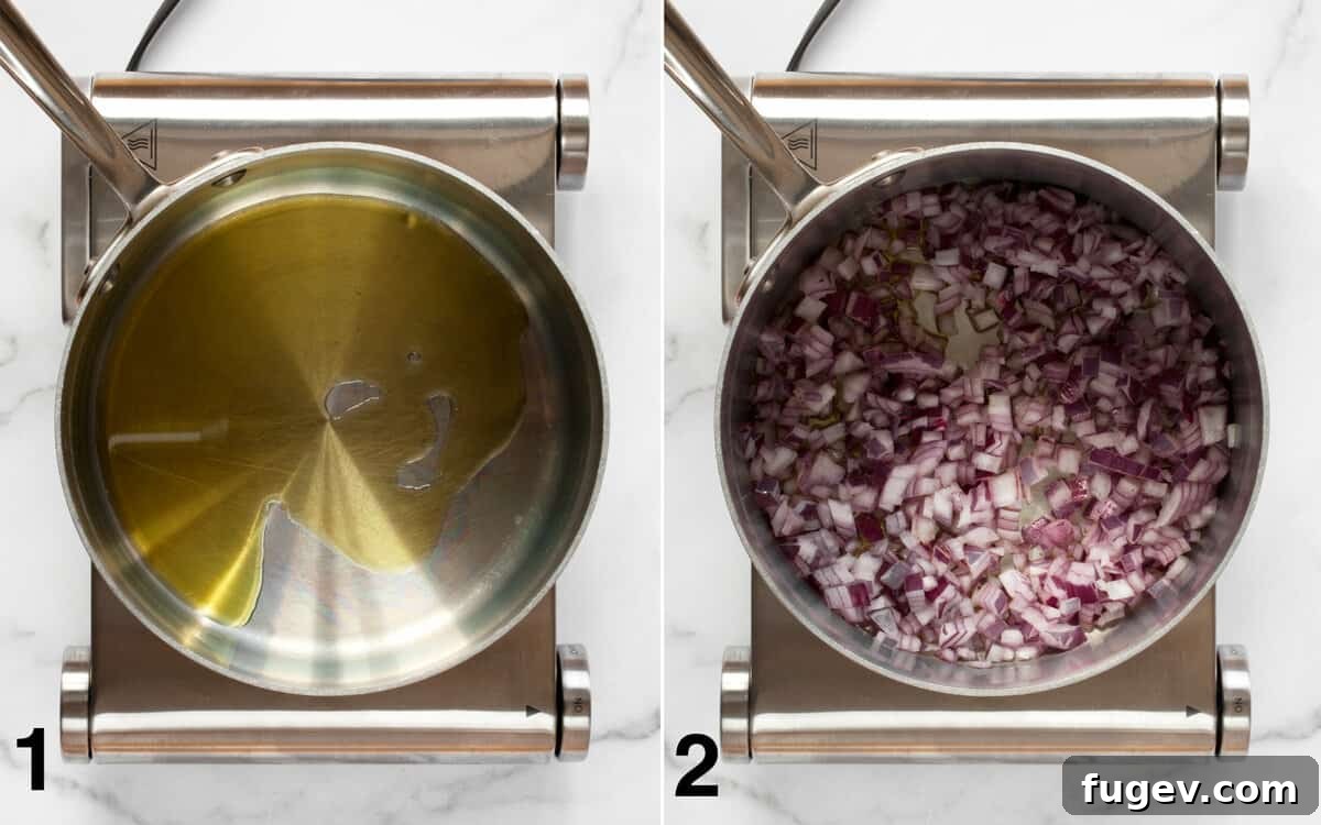 Savory Black Bean Sensation 4 Olive oil heating in a pot, followed by chopped red onions being sautéed until translucent.