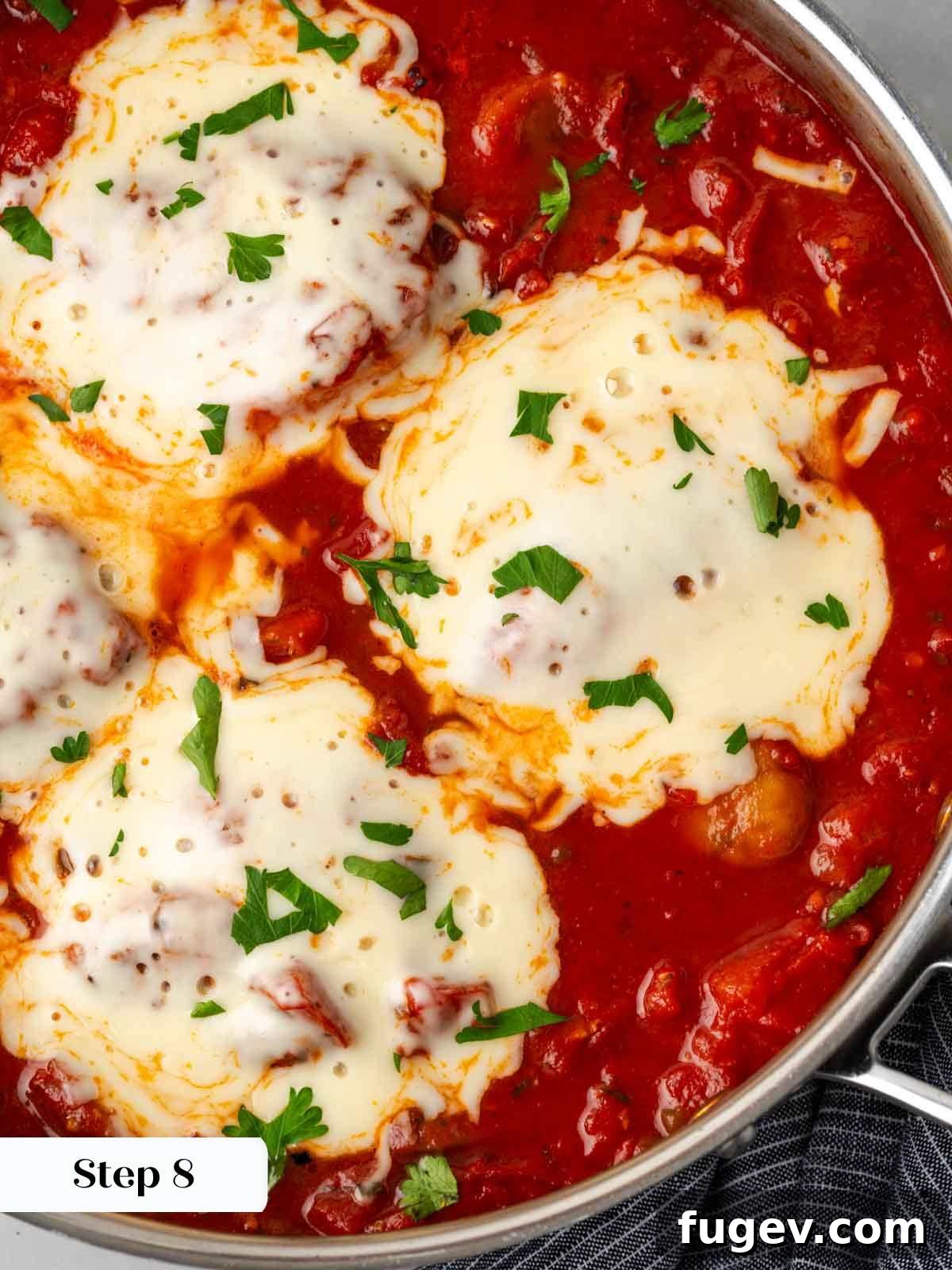 Hearty Marinara Chicken Bake 11 baked chicken marinara steaming hot with melted cheese.