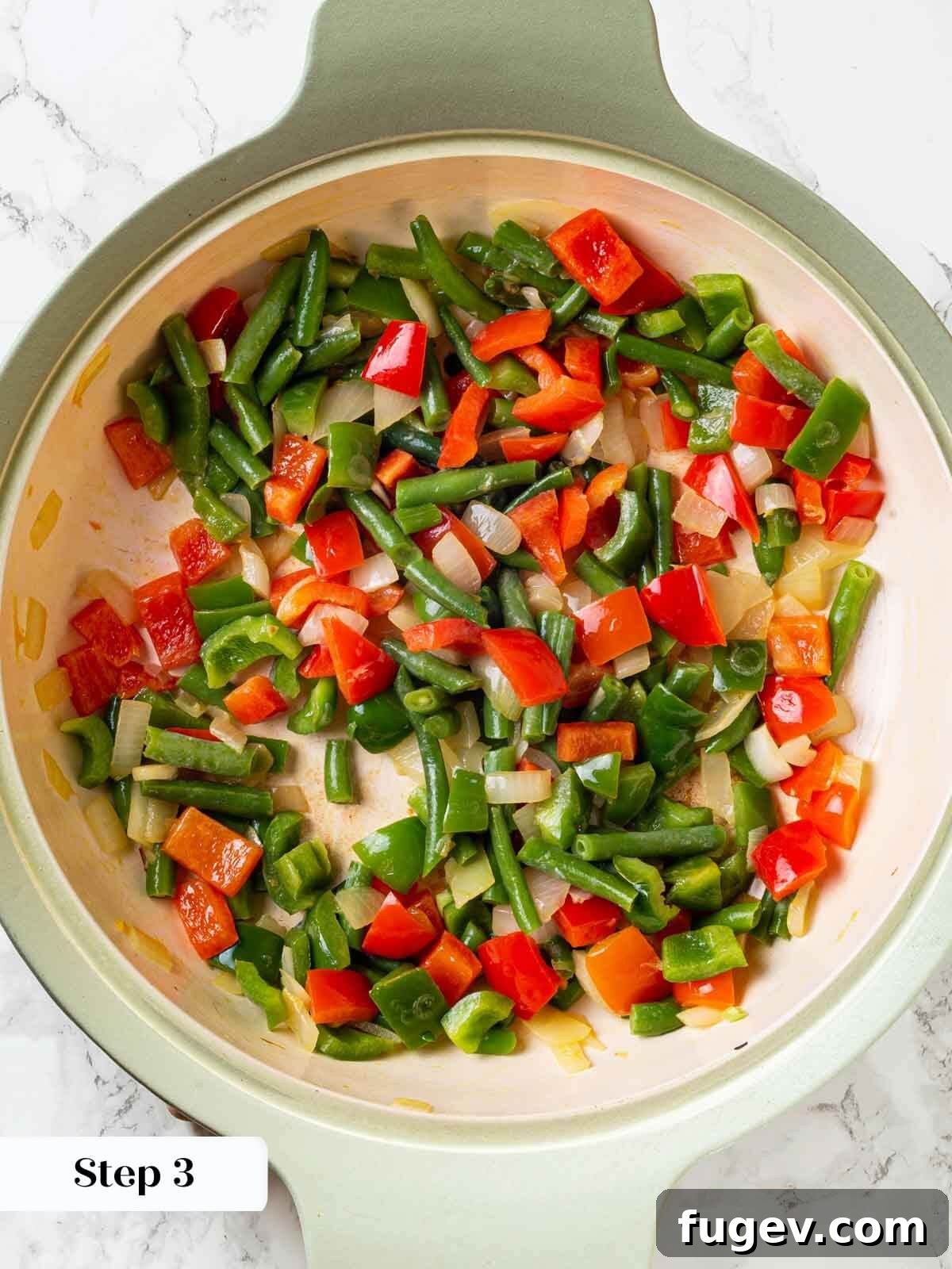 Aromatic Golden Prawns 8 Vibrant green beans, onions, and bell peppers gently sizzling in a skillet, building the aromatic base of the curry.