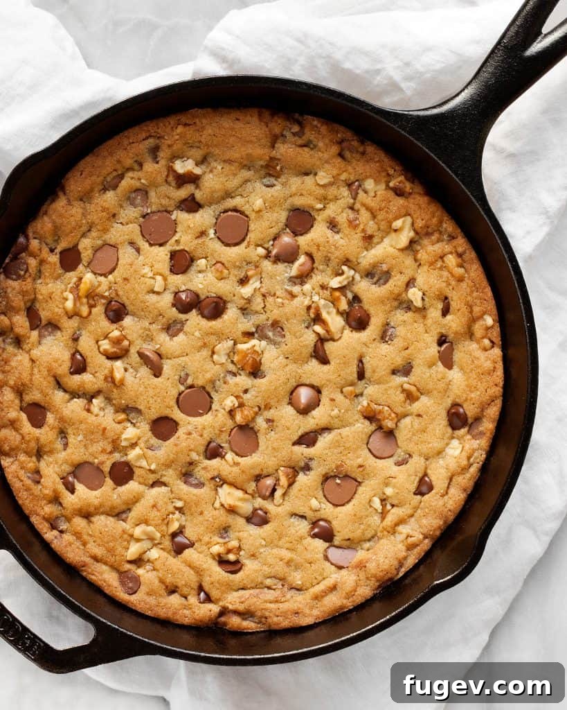 Gooey Skillet Chocolate Walnut Bake 4 Chocolate Chip Walnut Skillet Cookie topped with melting vanilla ice cream