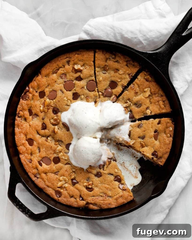 Gooey Skillet Chocolate Walnut Bake 5 A beautifully golden-brown Chocolate Chip Walnut Skillet Cookie