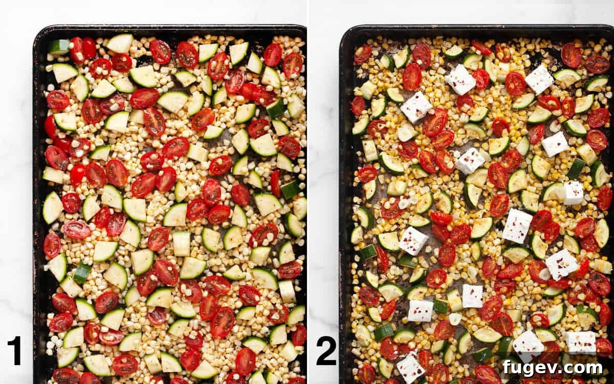 Tek Tepside Fırınlanmış Feta ve Sebzeler 4 Pre-roasted zucchini, corn, and tomatoes on a sheet pan, ready for the oven, next to partially roasted vegetables with feta cubes.
