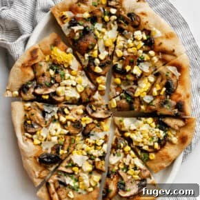 Savory Grilled Mushroom Corn Pizza with balsamic marinated mushrooms