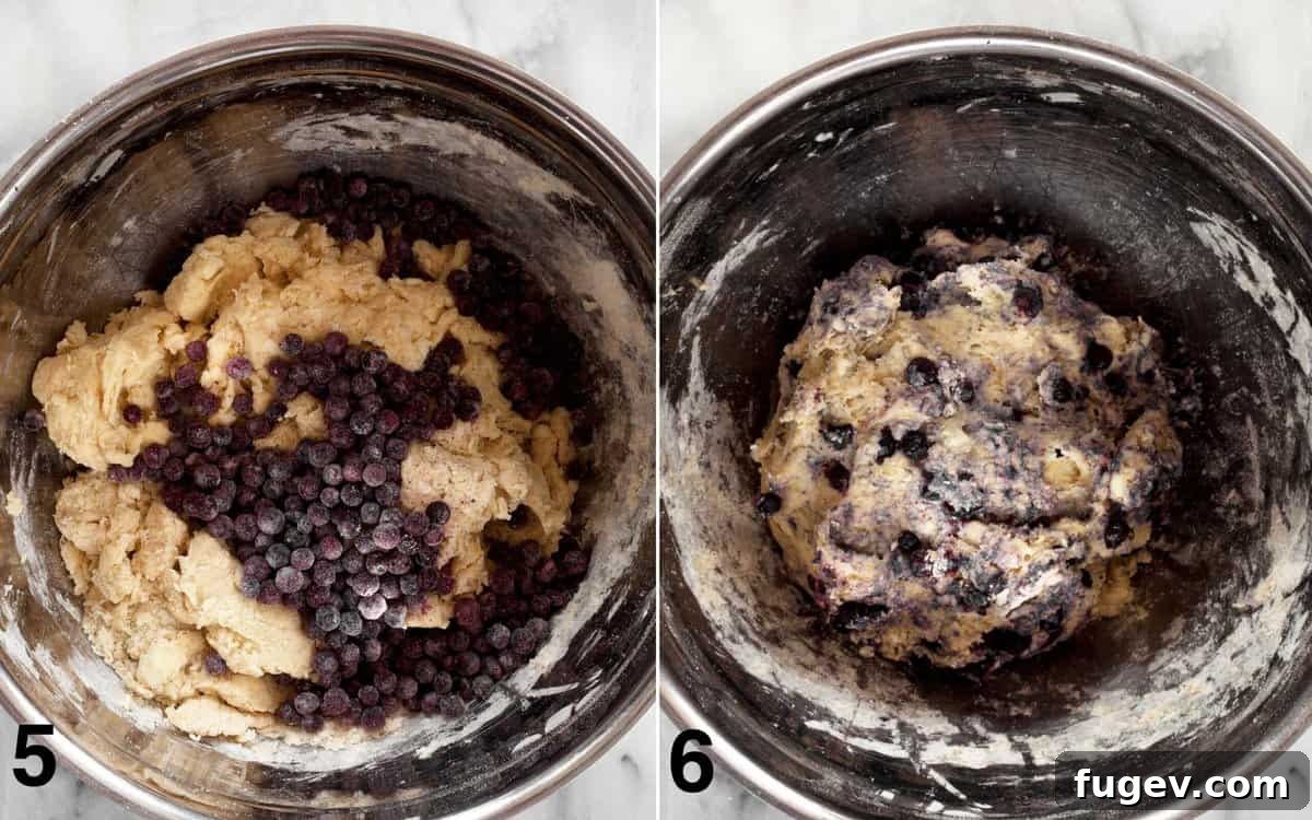Zesty Lemon Blueberry Scones 6 Blueberries shown before and after being gently folded into scone dough.