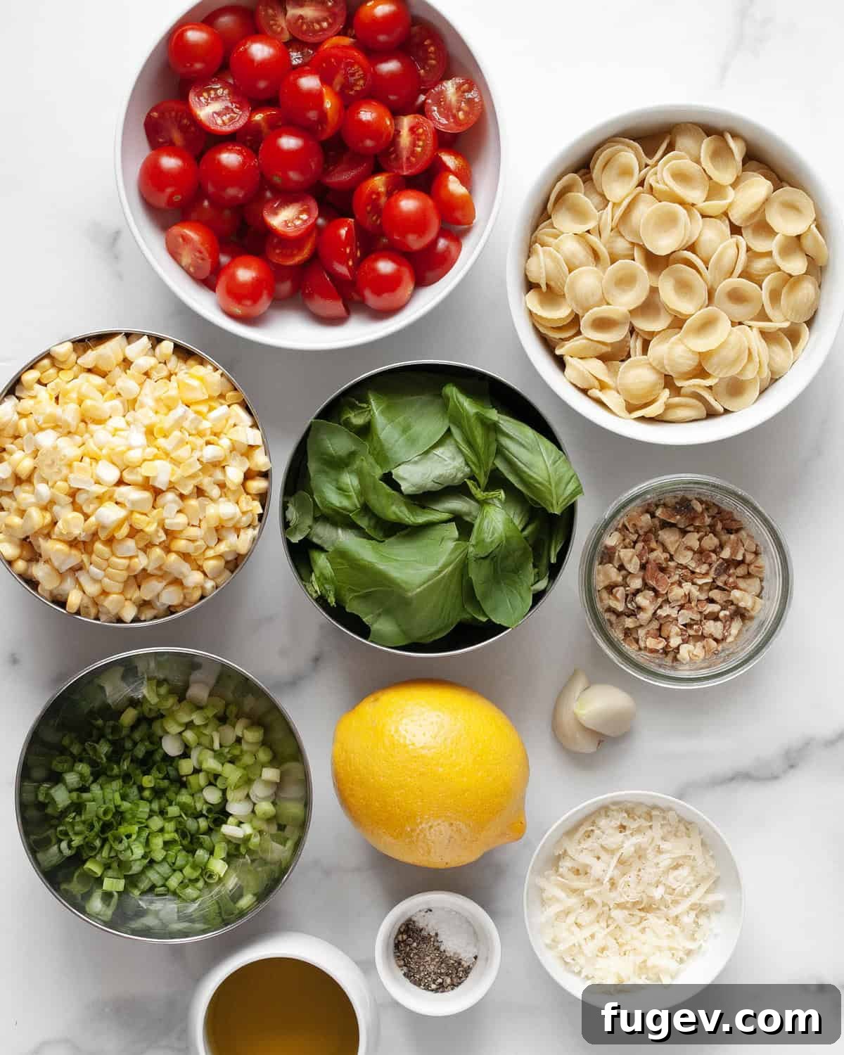 Summer Harvest Orecchiette 3 A flat lay photograph showcasing all the fresh ingredients needed for tomato corn orecchiette, including cherry tomatoes, corn on the cob, orecchiette pasta, basil leaves, Parmesan cheese, garlic, lemon, olive oil, and scallions, alongside salt and pepper.