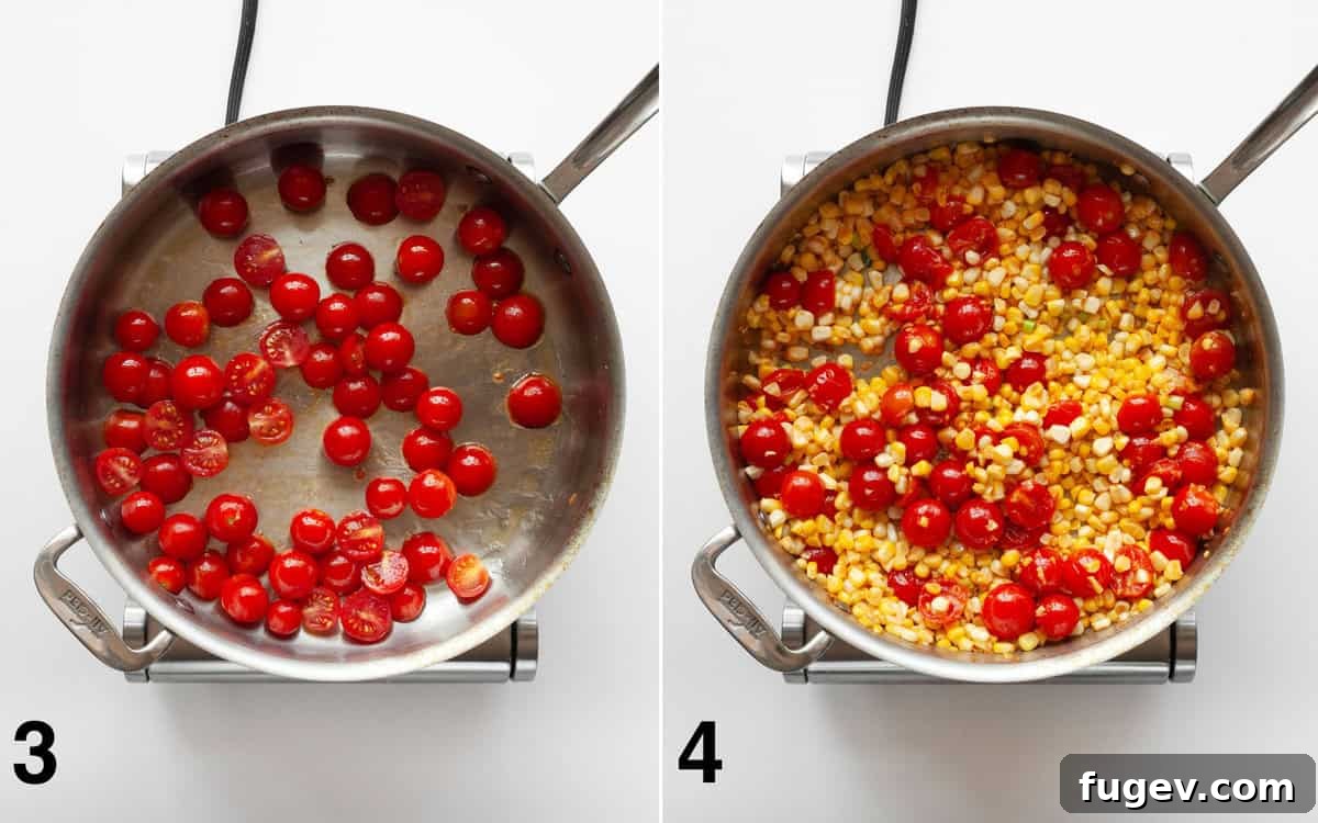 Summer Harvest Orecchiette 5 Image showing cherry tomatoes sautéing in a skillet, followed by corn and the white parts of scallions being stirred into the tomatoes.