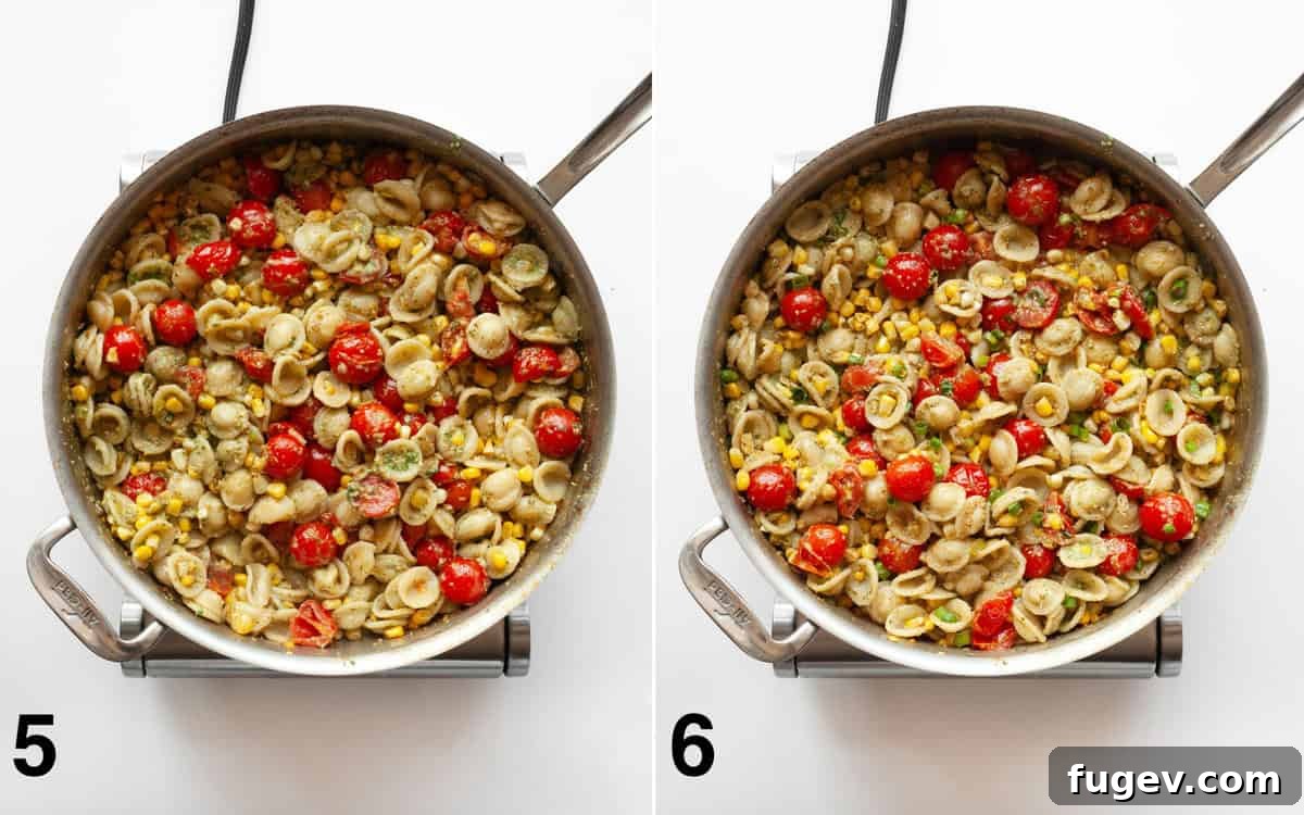 Summer Harvest Orecchiette 6 Image showing pesto and pasta being stirred into the sautéed tomatoes and corn, and then scallions and Parmesan being folded into the finished pasta dish.