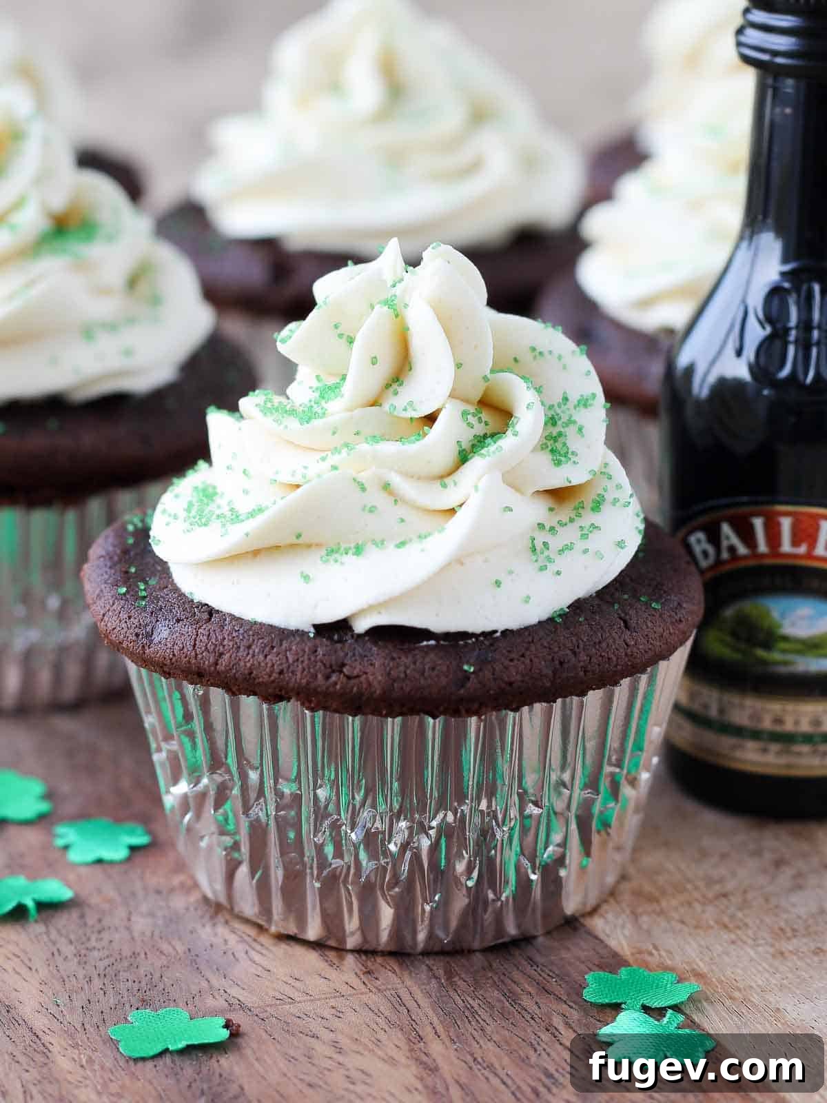 Luck of the Irish Cupcakes 12 Delicious chocolate cupcakes generously topped with creamy Baileys Irish Cream buttercream and festive green sprinkles for St. Patrick's Day.