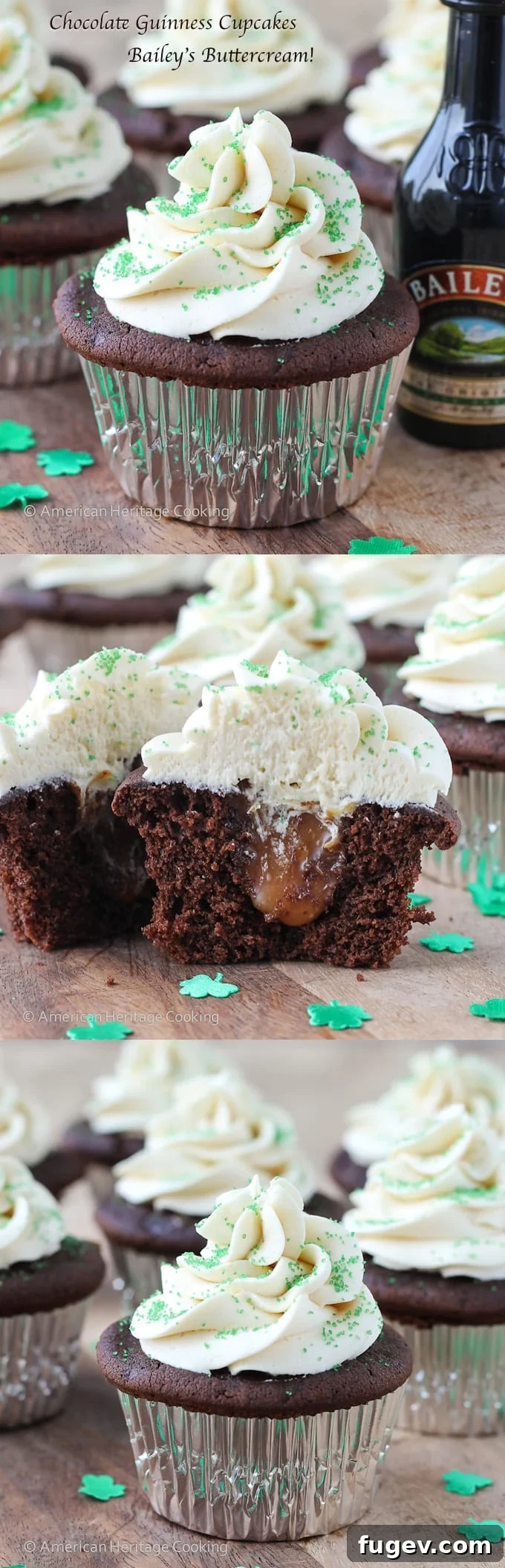 Luck of the Irish Cupcakes 14 This Chocolate Guinness Cupcakes have a chocolate Guinness cake filled with salted caramel and topped with a Bailey's Irish Cream Buttercream!