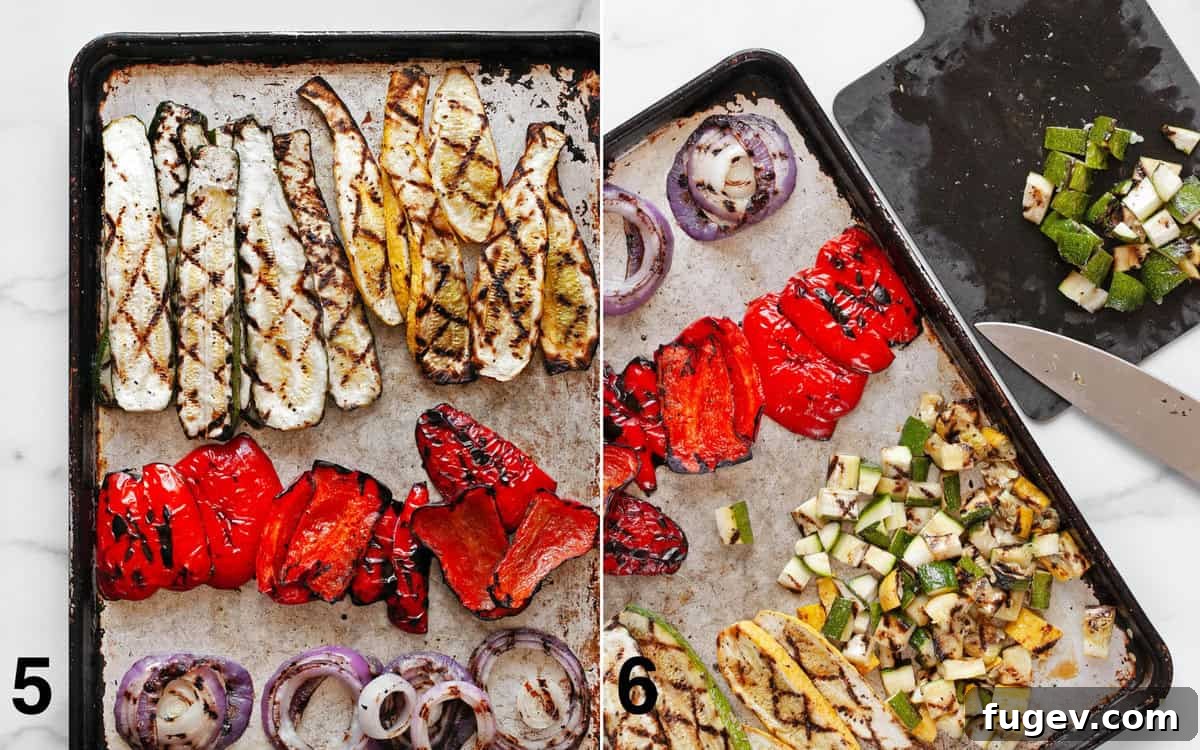 Smoky Garden Orzo Salad 6 Freshly grilled vegetables cooling on a sheet pan, with a close-up of diced grilled vegetables, ready to be added to the salad.