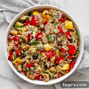 Smoky Garden Orzo Salad 9 Grilled vegetable orzo salad in a bowl.