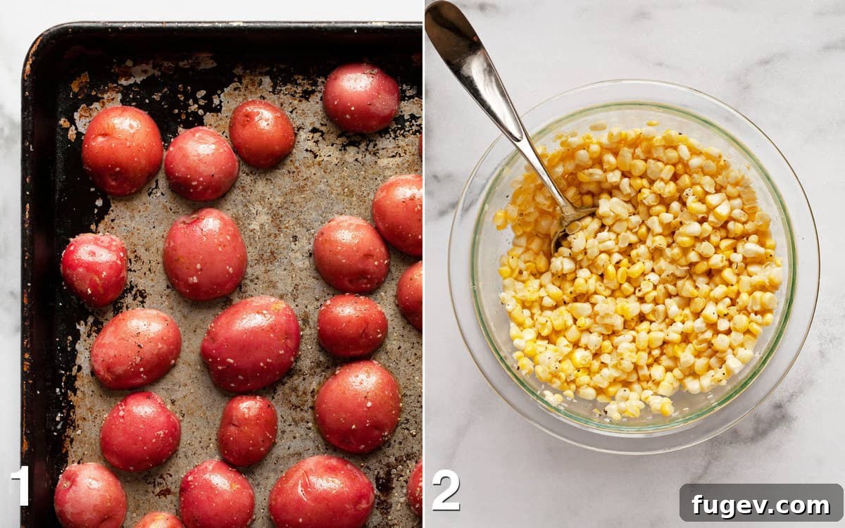 Rustic Roasted Red Potato Salad 4 Potatoes on a sheet pan. Corn kernels in a bowl.