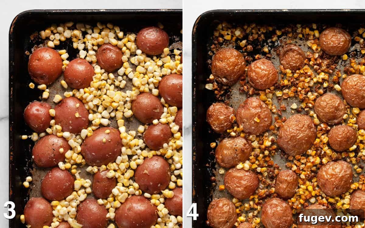 Rustic Roasted Red Potato Salad 5 Corn scattered between partially roasted potatoes on a pan. Roasted potatoes and corn on a sheet pan.