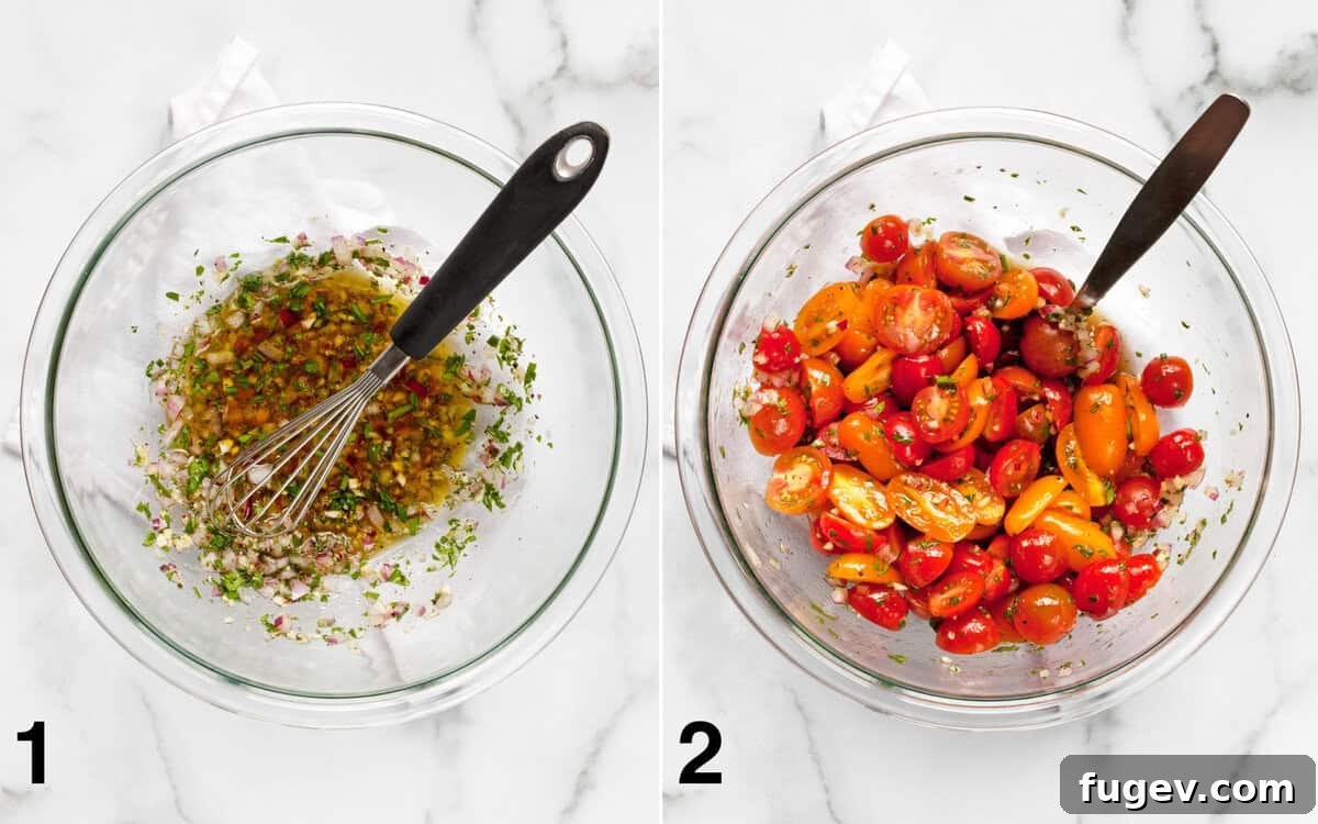 Zesty Marinated Cherry Tomatoes 4 The process of making marinated cherry tomatoes, showing the vibrant marinade being whisked, followed by fresh halved tomatoes stirred into the mixture in a bowl.