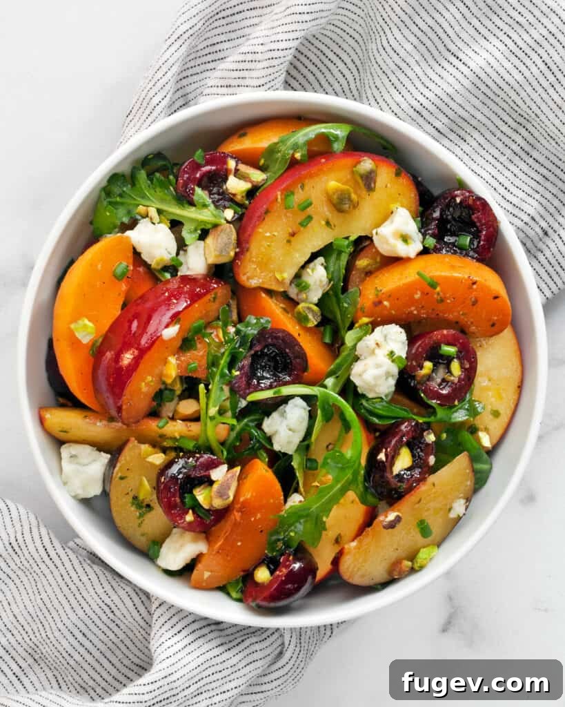 Summer Stone Fruit Salad with Creamy Gorgonzola and Zesty Pesto Vinaigrette 7 Beautifully plated summer stone fruit salad with Gorgonzola and pesto vinaigrette