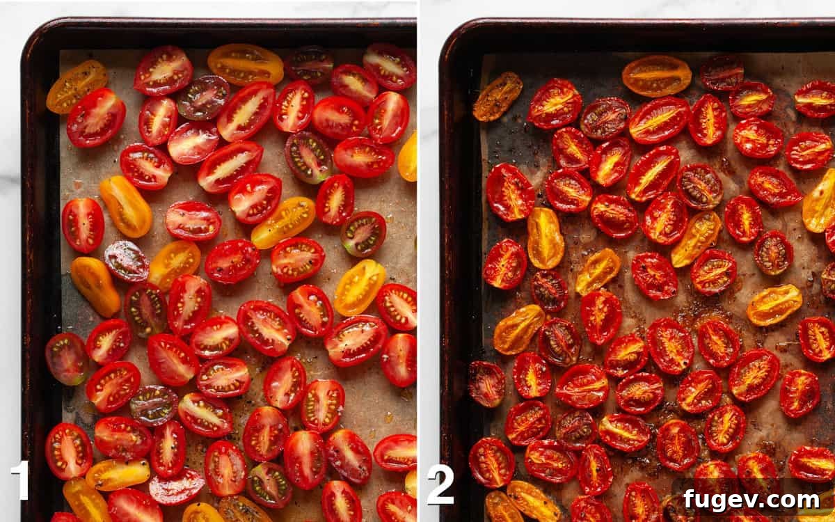 Roasted Tomato Quinoa and Chickpea Medley 4 Two images side-by-side showing cherry tomatoes on a sheet pan, one before roasting and one after roasting, showing their shriveled and concentrated state.