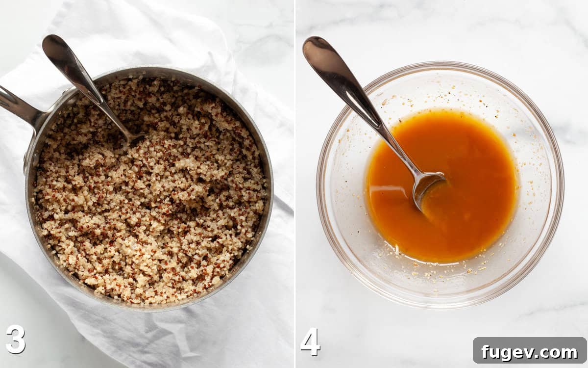 Roasted Tomato Quinoa and Chickpea Medley 5 Two images: one showing fluffy cooked quinoa in a saucepan, and another showing a whisked red wine vinaigrette in a small bowl.
