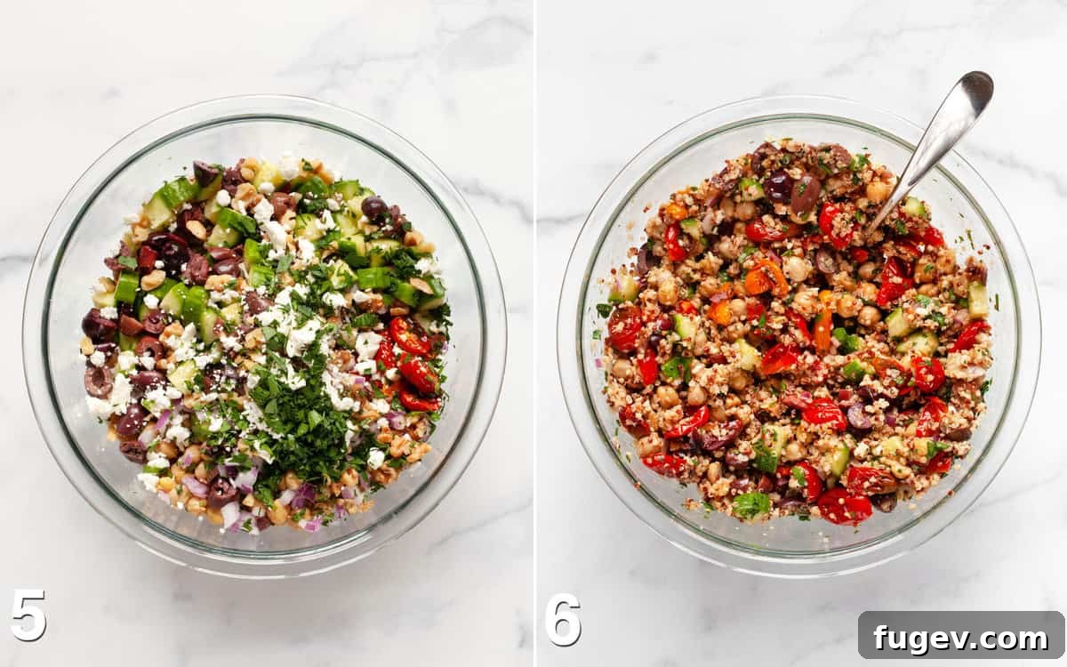 Roasted Tomato Quinoa and Chickpea Medley 6 Two images: one showing all the salad ingredients assembled in a large mixing bowl before dressing, and another showing the finished salad tossed with vinaigrette.
