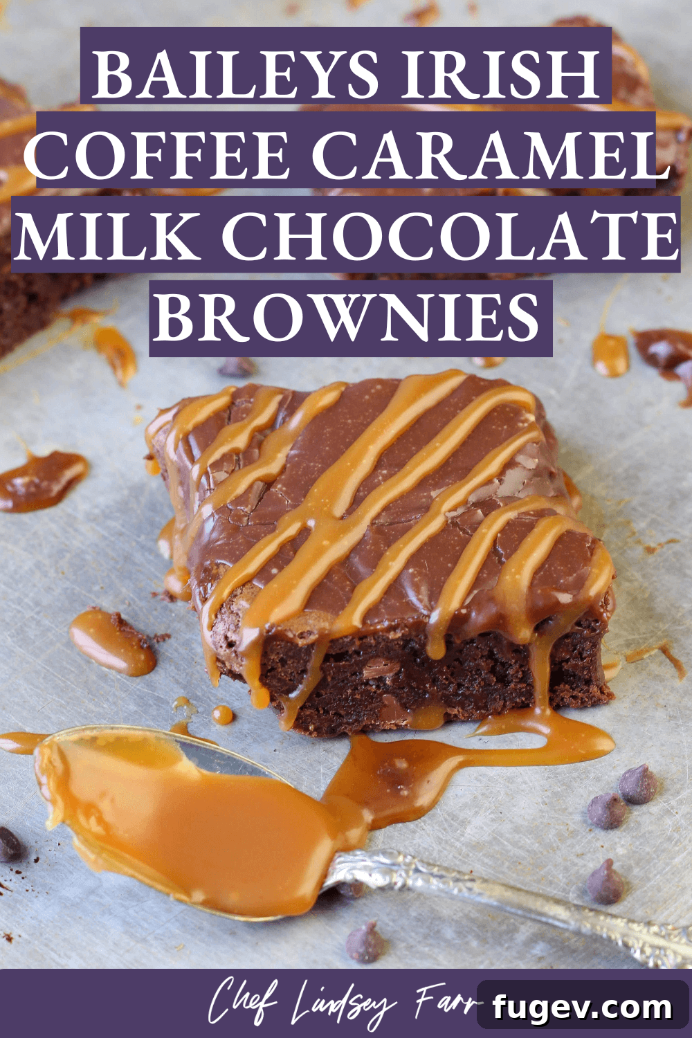 Decadent Caramel Brownie 9 Brightly lit Bailey's Irish Coffee Caramel Milk Chocolate Brownies, close-up to highlight the glossy ganache and caramel swirls.