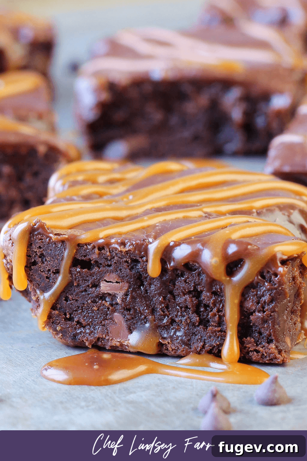Decadent Caramel Brownie 10 Elegant presentation of Bailey's Irish Coffee Caramel Milk Chocolate Brownies with a subtle purple border, emphasizing their gourmet appeal.