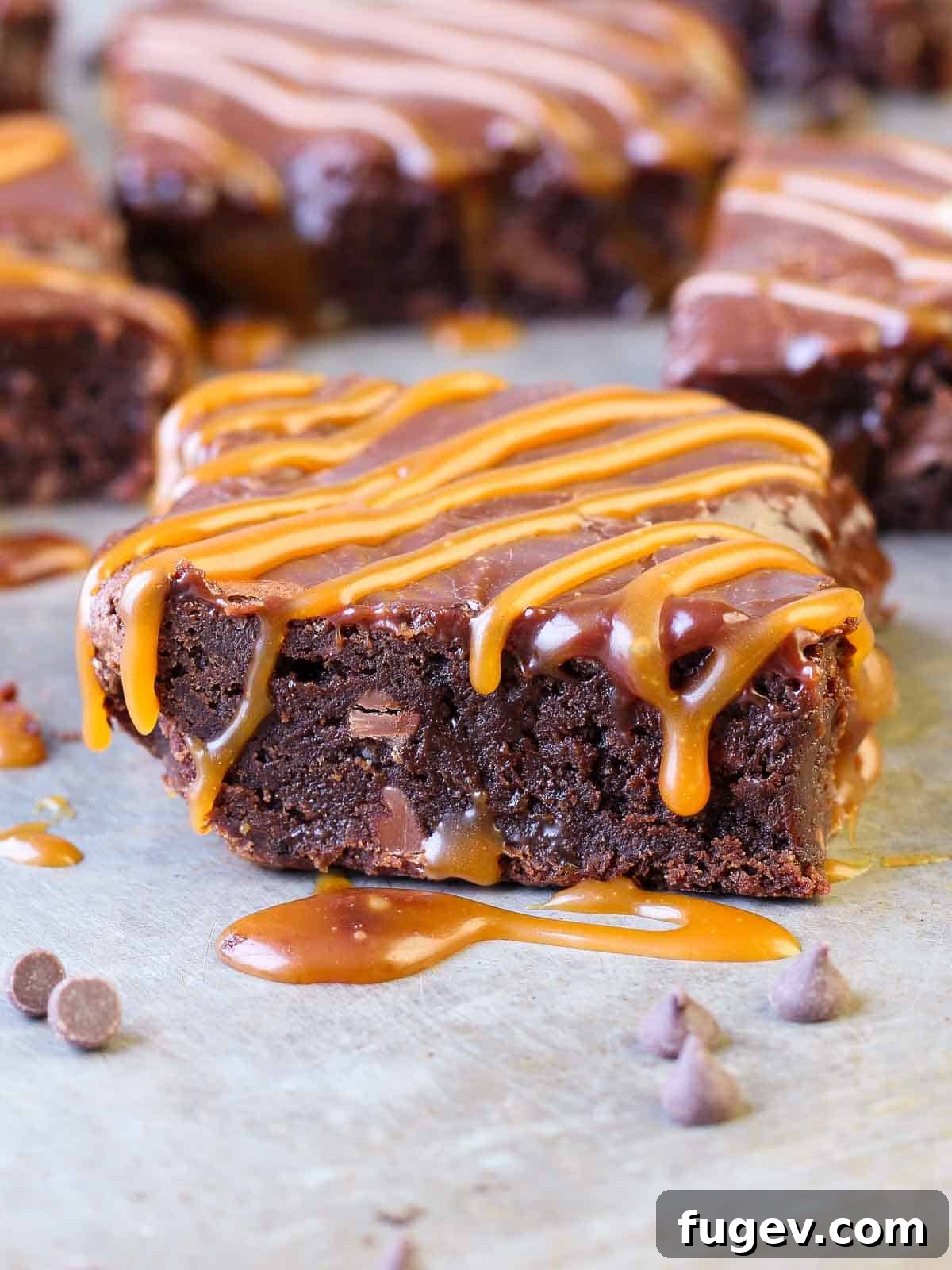 Decadent Caramel Brownie 6 Chef Lindsey's tip: Brownies lined with parchment paper for easy removal and clean cutting