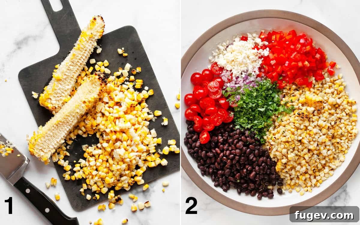 Southwestern Black Bean and Corn Medley 4 Two images side by side: one showing grilled corn kernels sliced off the cobs, and the other showing all the salad ingredients (corn, black beans, peppers, tomatoes, onions, cheese, cilantro) assembled in a large glass bowl.