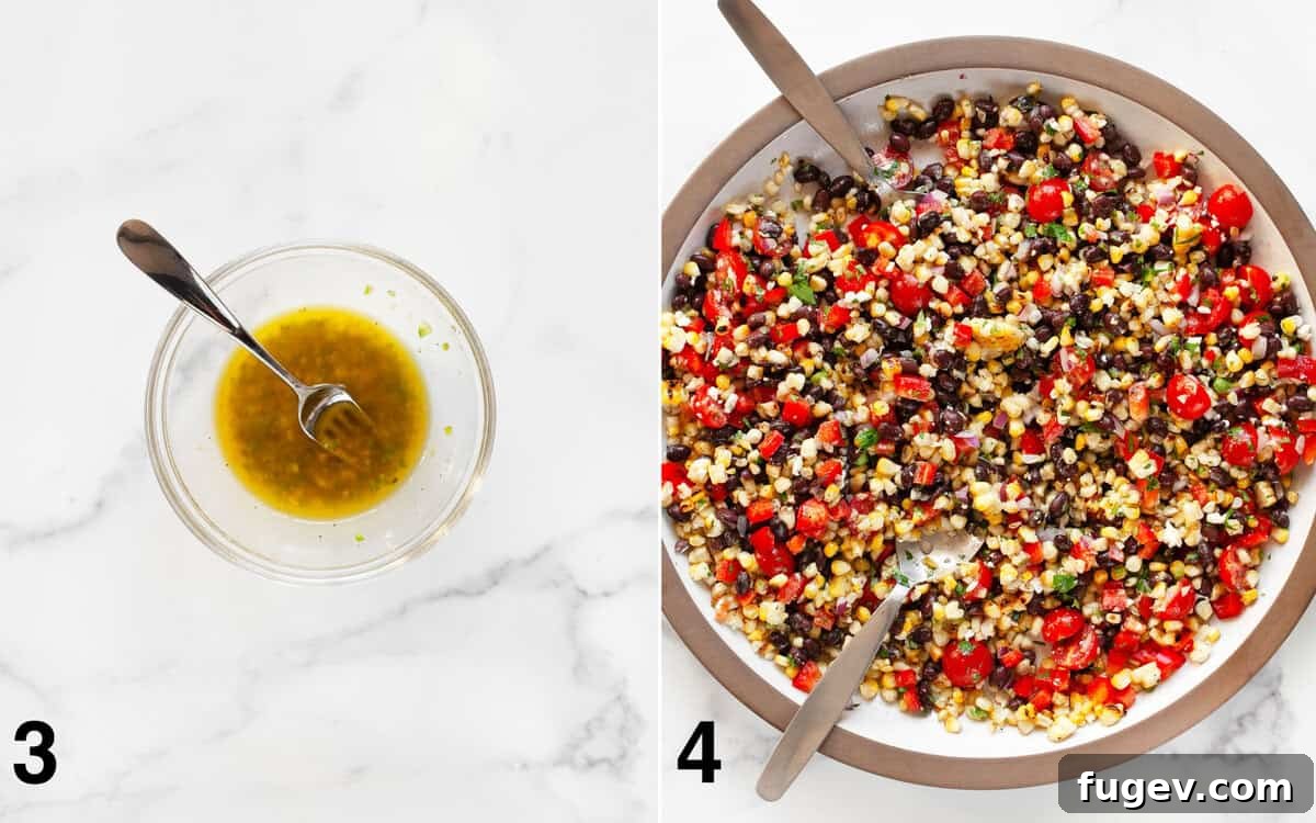 Southwestern Black Bean and Corn Medley 5 Two images side by side: one showing the jalapeño lime vinaigrette whisked in a small glass bowl, and the other showing the black bean and corn salad fully tossed with the dressing in a large serving bowl.