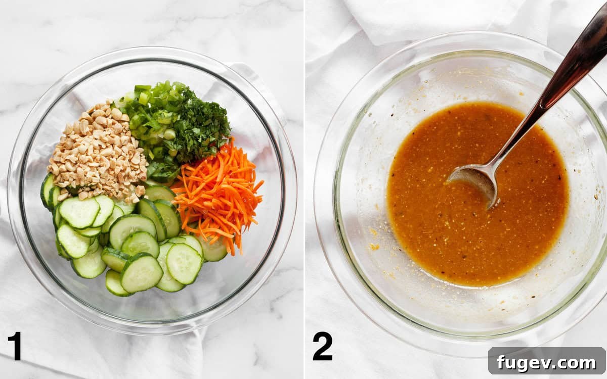 Separated ingredients for Asian Cucumber Salad: crisp vegetables in a large bowl and creamy peanut dressing in a small bowl.