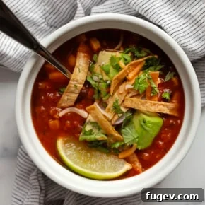 Bowl of slow cooker lentil tortilla soup topped with avocados, crispy tortilla strips, shredded cheese, radishes and cilantro.