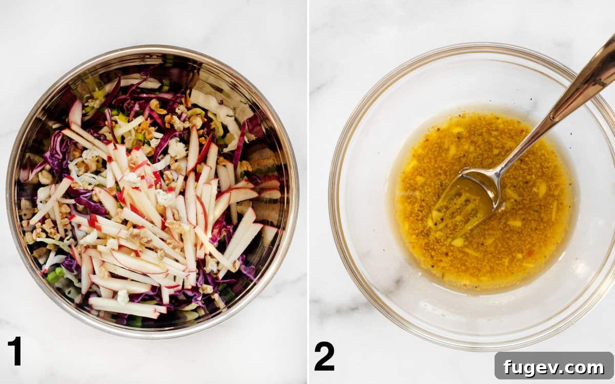 Apple Cabbage Salad Components Ready for Dressing Salad ingredients assembled in a large bowl with the vinaigrette dressing in a small bowl.