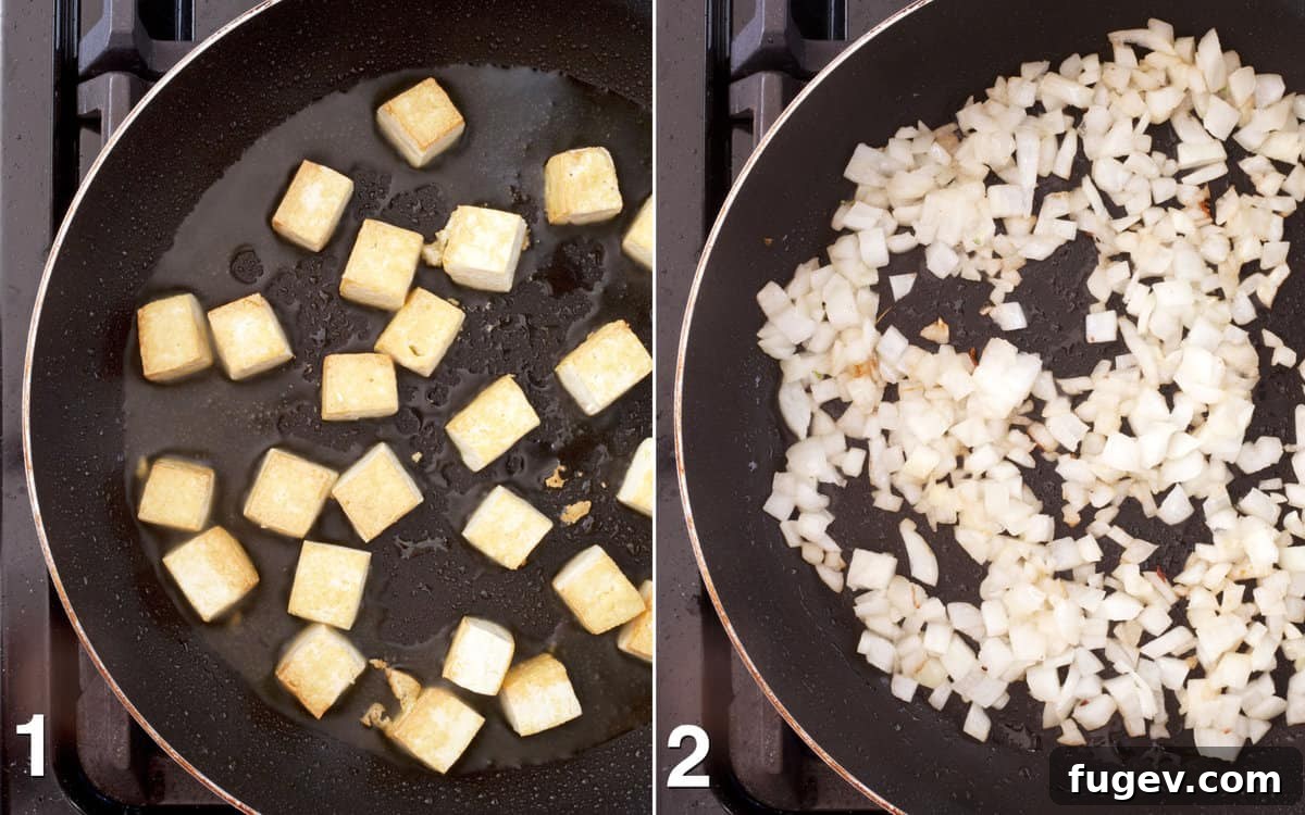 Golden Vegan Pumpkin Curry 4 Sautéing tofu in a pan, followed by sautéing onions in the same pan.
