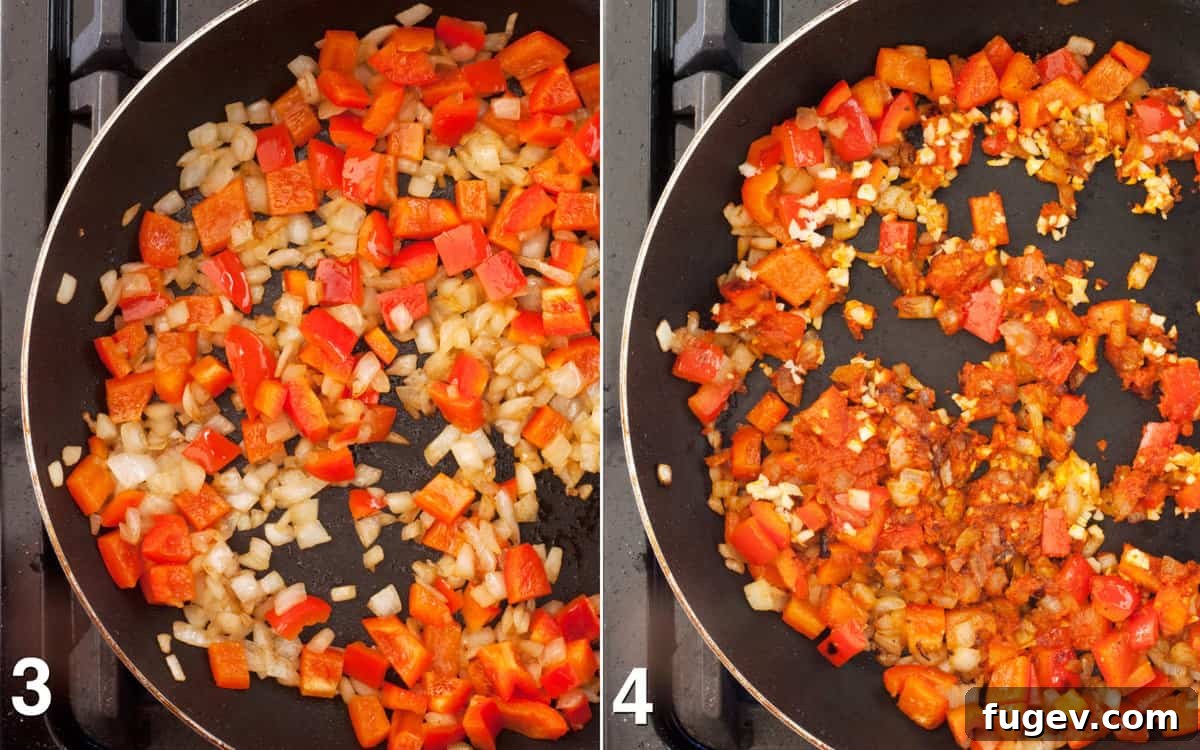 Golden Vegan Pumpkin Curry 5 Sautéed onions and red peppers in the pan, then adding red curry paste, ginger, garlic, salt, and pepper.