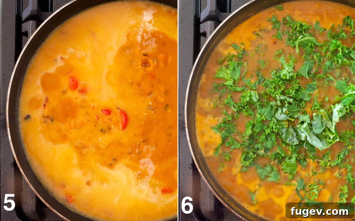 Golden Vegan Pumpkin Curry 6 Pouring in coconut milk and pumpkin puree, then stirring in kale.