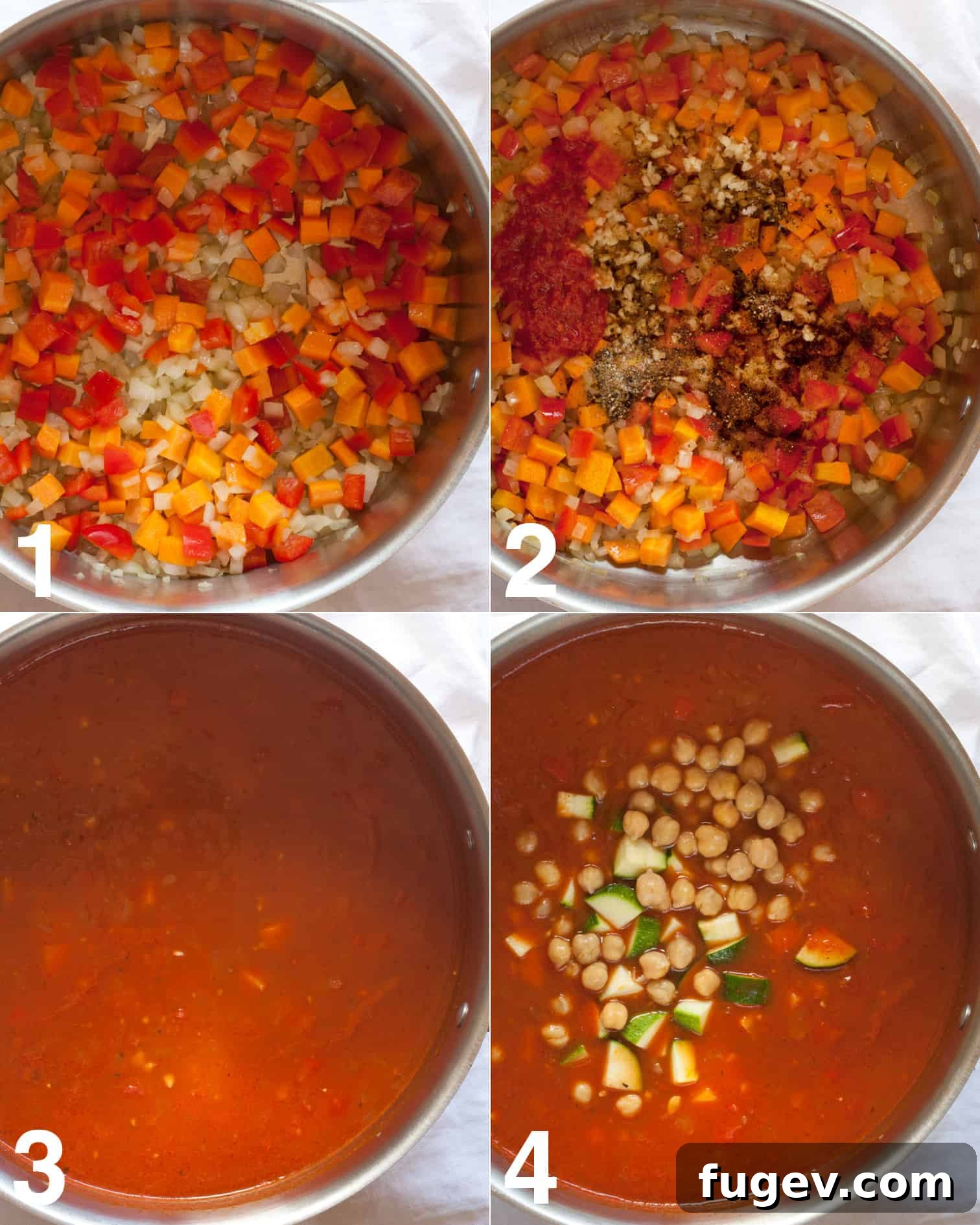 Harissalı Nohutlu Sebze Çorbası 4 The cooking process of the spicy vegetable soup shown through various steps in a saucepan.