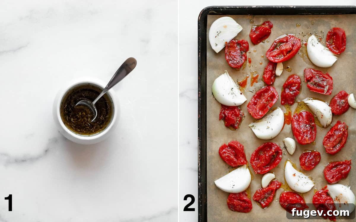 Pantry-Powered Roasted Tomato Soup 4 Bowl with seasoning oil and a sheet pan with raw tomatoes, onions, and garlic, ready for roasting.