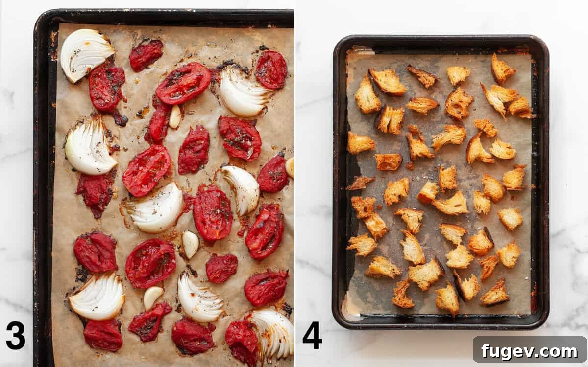 Pantry-Powered Roasted Tomato Soup 5 Roasted tomatoes, onions, and garlic on one sheet pan, with golden-brown croutons on another, fresh out of the oven.