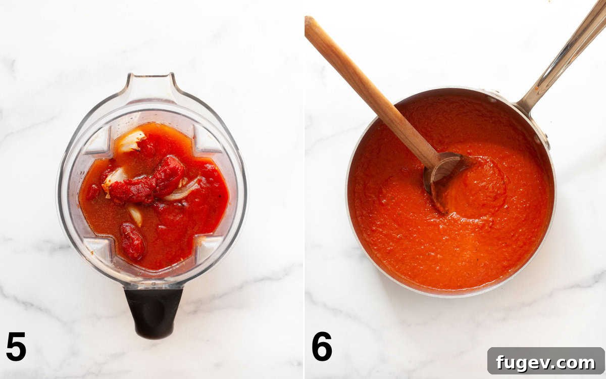 Pantry-Powered Roasted Tomato Soup 6 Soup ingredients being pureed in a blender, and finished pureed soup warming in a large pot on the stove.