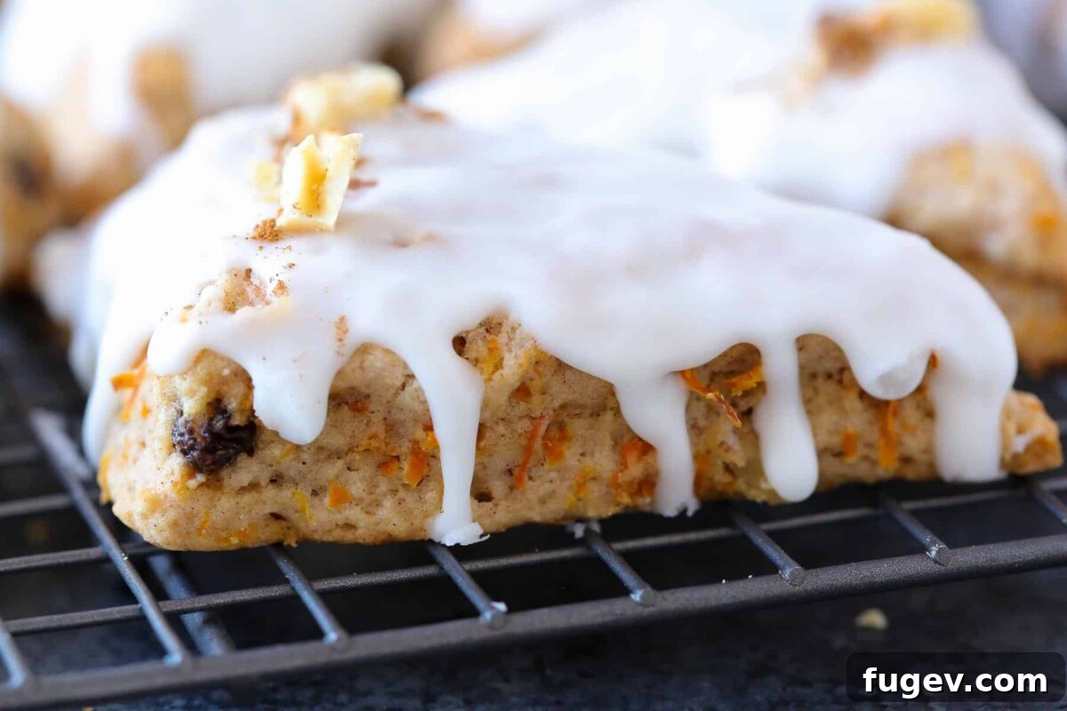 Spiced Carrot Scones 3 Cream cheese glaze slowly dripping down the side of a freshly baked carrot cake scone, showcasing its rich texture.