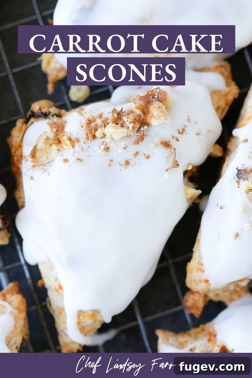 Spiced Carrot Scones 7 Overhead view of several carrot cake scones arranged on a platter, showcasing their golden tops and glaze.