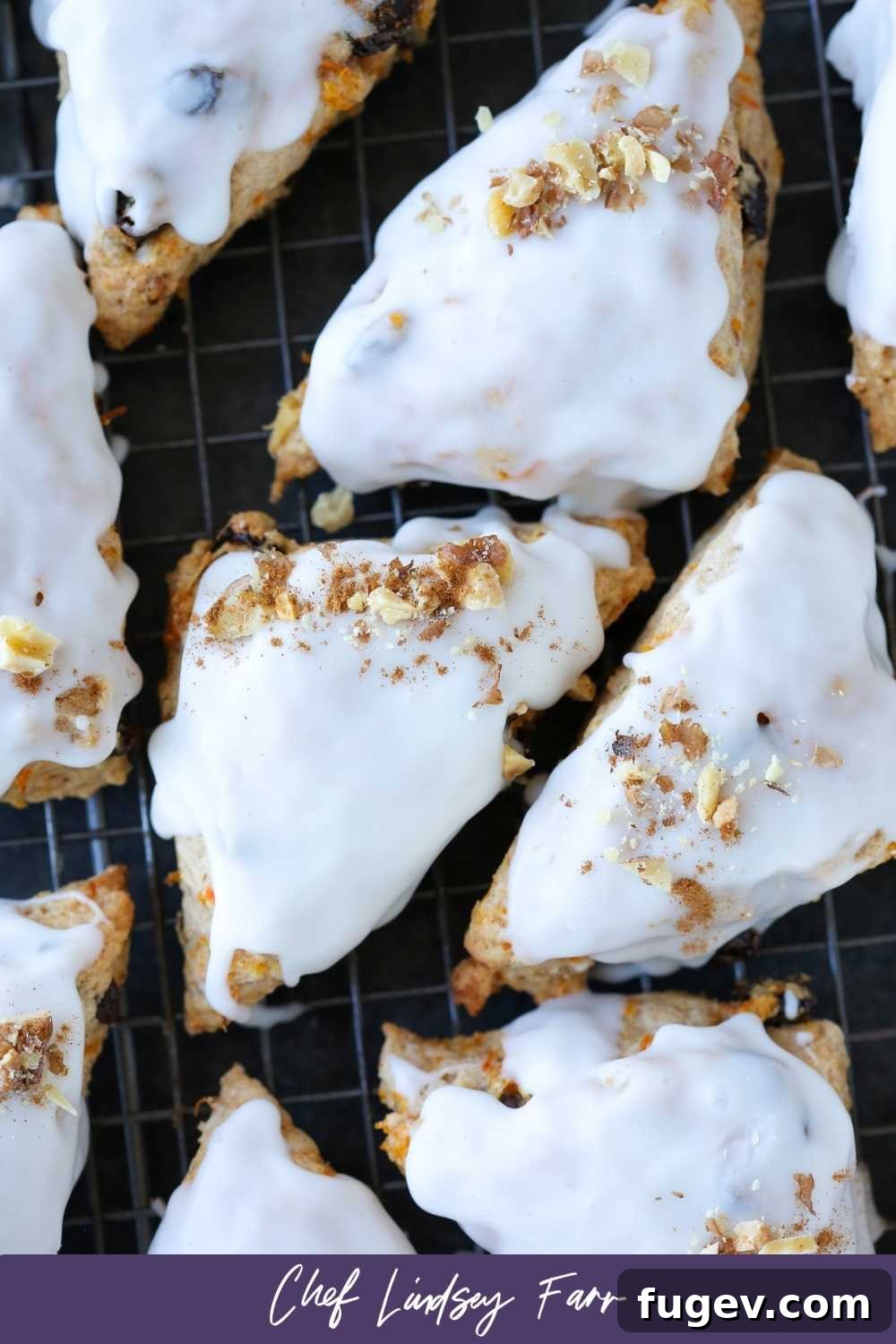Spiced Carrot Scones 8 Artfully adorned carrot cake scones, perhaps with extra walnuts or a garnish, ready for a special occasion.