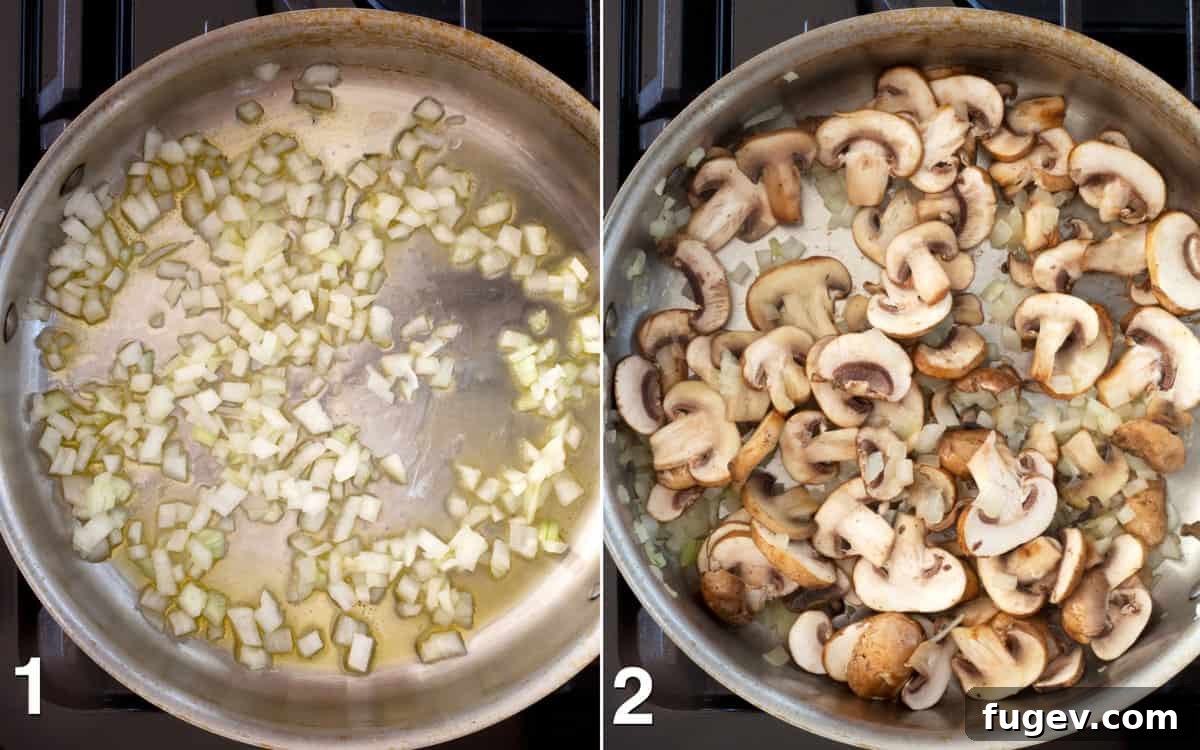 Hearty Mushroom & Spinach Gnocchi Bake 4 Sautéing chopped onions, followed by sliced mushrooms, in an oven-safe pan