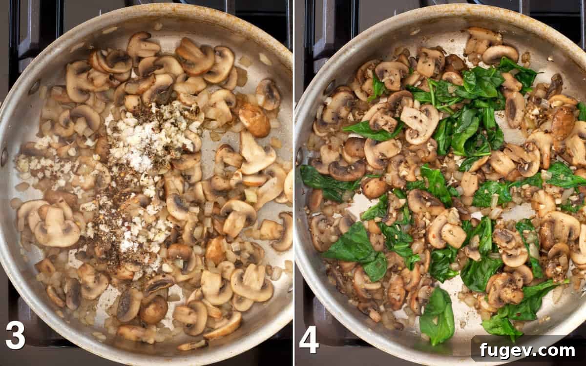 Hearty Mushroom & Spinach Gnocchi Bake 5 Stirring in minced garlic and dried seasonings, then sautéing fresh spinach until wilted