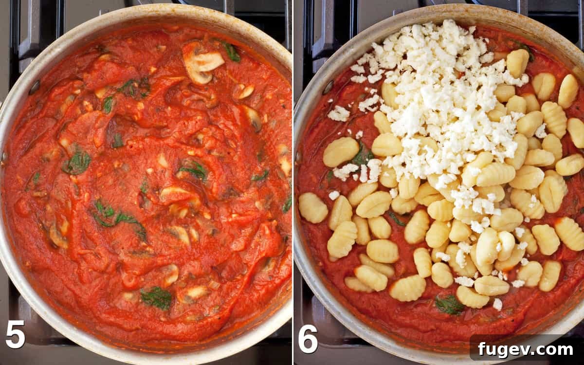 Hearty Mushroom & Spinach Gnocchi Bake 6 Adding tomato puree to the sautéed vegetables, then stirring in shelf-stable gnocchi and grated mozzarella cheese