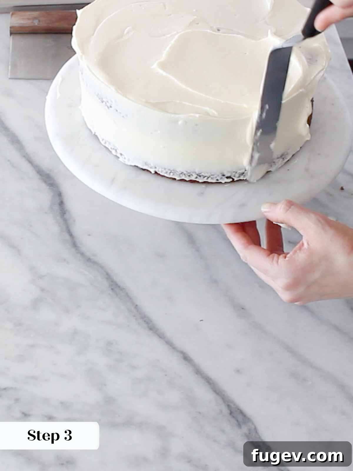 Sweet Nectar Delight 13 finishing crumb coat with cream cheese buttercream.