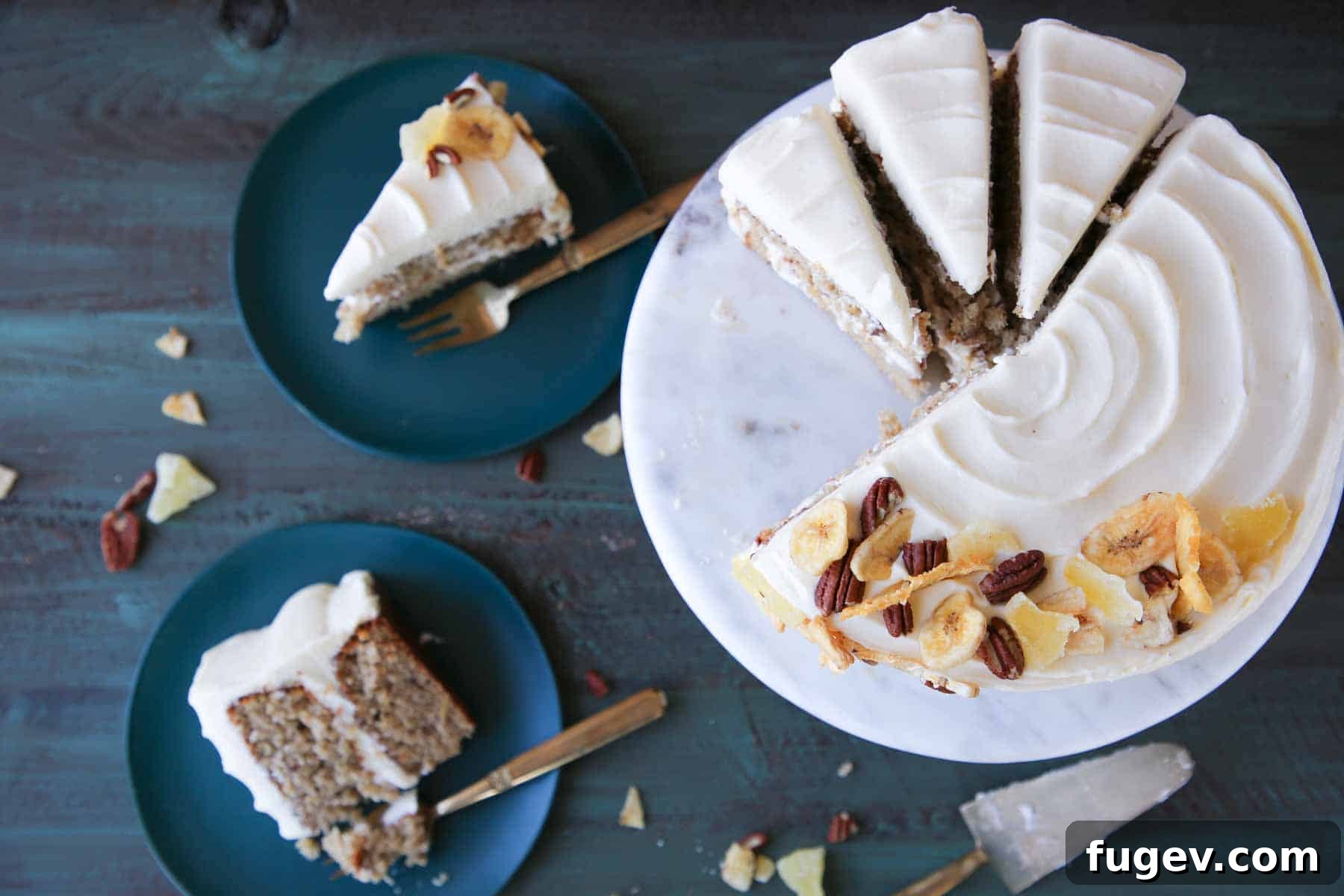 Sweet Nectar Delight 4 two slices of cake on plate with sliced cake on marble cake stand.