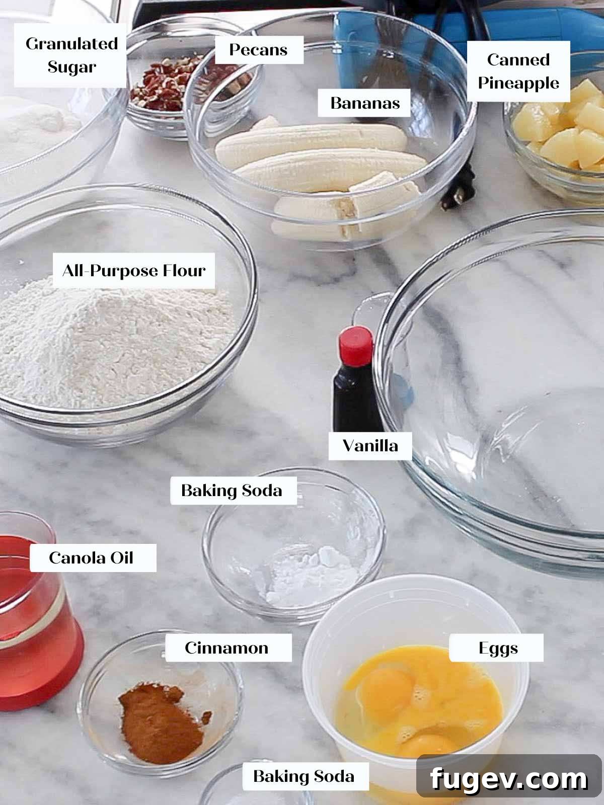Sweet Nectar Delight 5 hummingbird cake ingredients on marble.
