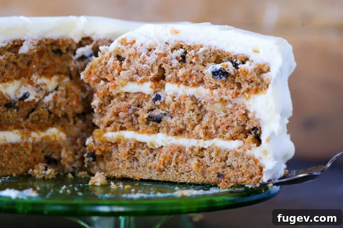 Foolproof Carrot Cake Recipe 3 The fluffy, moist interior of an easy one-bowl carrot cake, revealing visible carrot shreds and nuts.