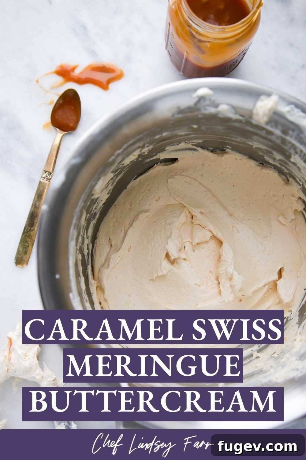 A spoon dripping with rich, homemade caramel sauce, ready to be incorporated into the buttercream.